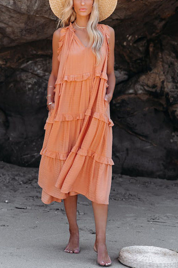 LM | COTTON BLEND, TIERED MIDI DRESS WITH POCKETS
