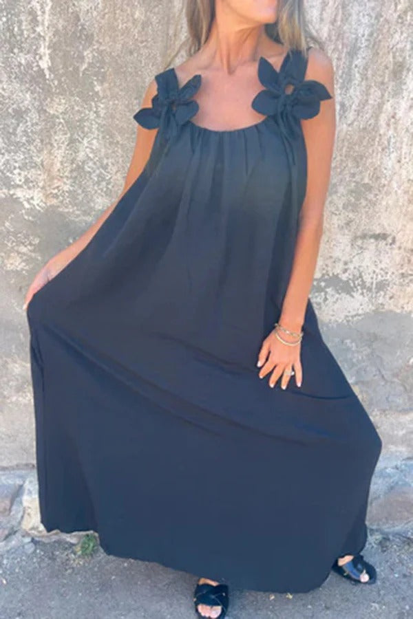 LM | Solid Floral Embellished Sleeveless Loose Maxi Dress