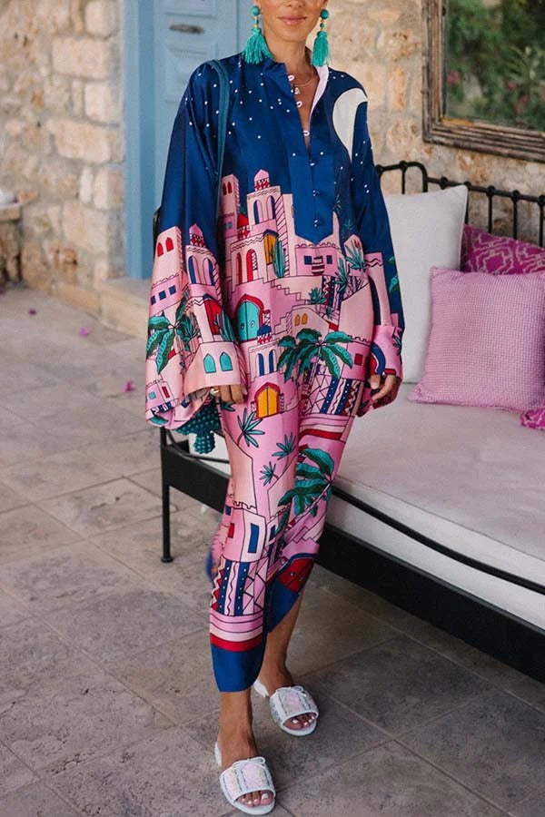 LM | Seaside Stroll Satin Unique Print Button Up Long Sleeve Slit Kaftan Midi Dress