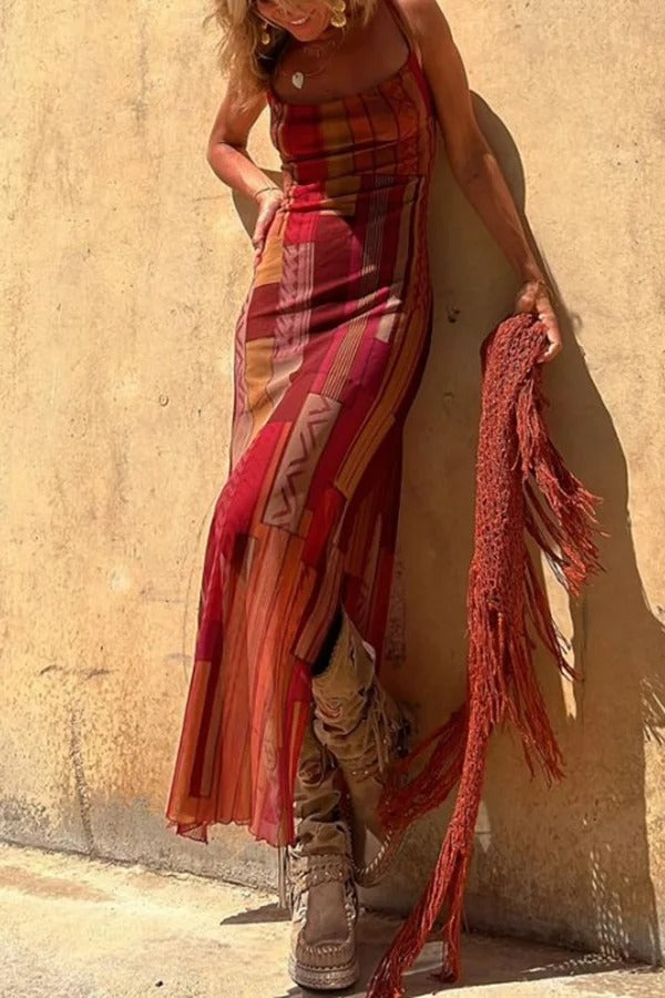 LM | Gypsy Style Unique Print Cowl Neck Back Lace Up Slit Midi Dress