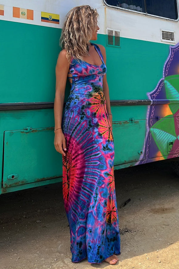 LM | La Bamba tie-dye print back lace-up stretch maxi dress