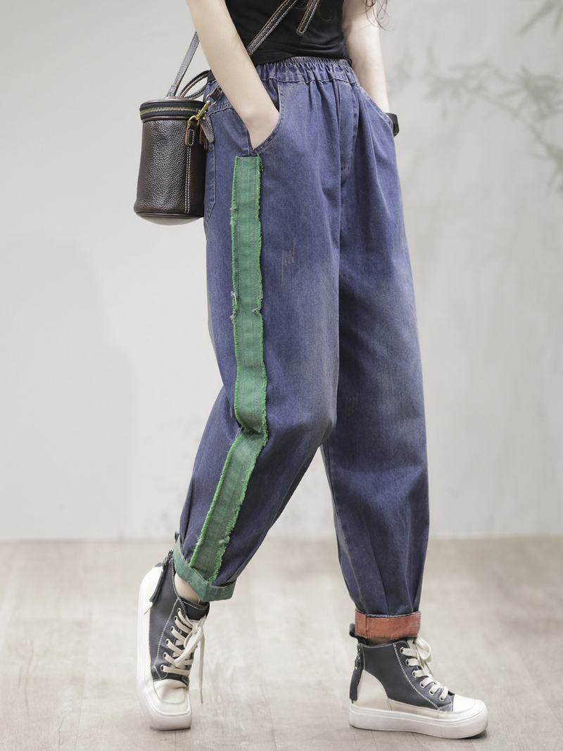 LM | Casual Vintage Loose Fit Patch Denim Bottom Jeans Pants