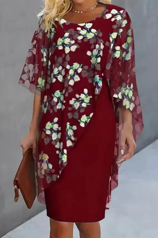 LM | Chiffon Floral Print Round Neck Casual Mini Dress