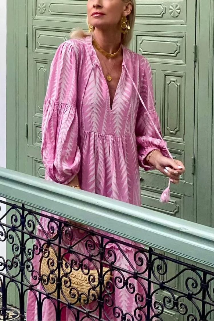 LM | Marrakech Stories Linen blend printed midi dress with balloon sleeves and A-line pockets