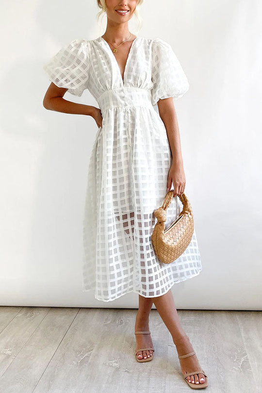 LM | Remarkable Beauty Square Patterned Fabric Puff Sleeve Party Midi Dress