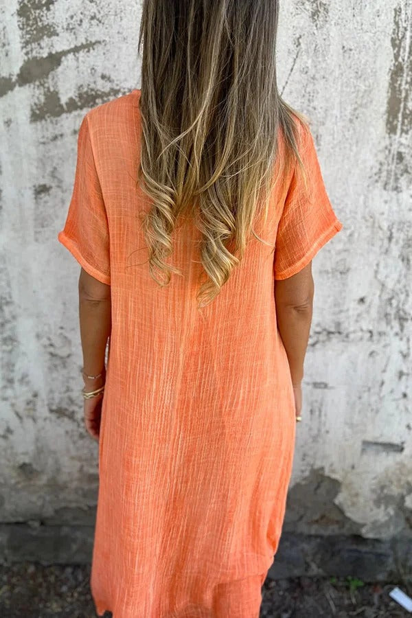 LM | Bayside Bliss linen blend short sleeve pleated loose midi dress