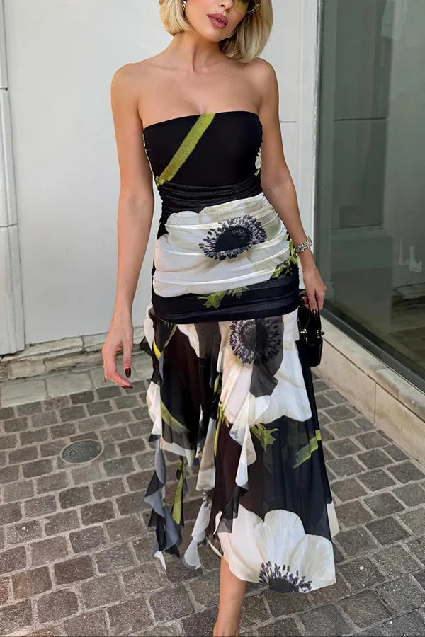 LM | Raquel Mesh Overlay Floral Print Shoulderless Ruched Ruffled Stretch Midi Dress