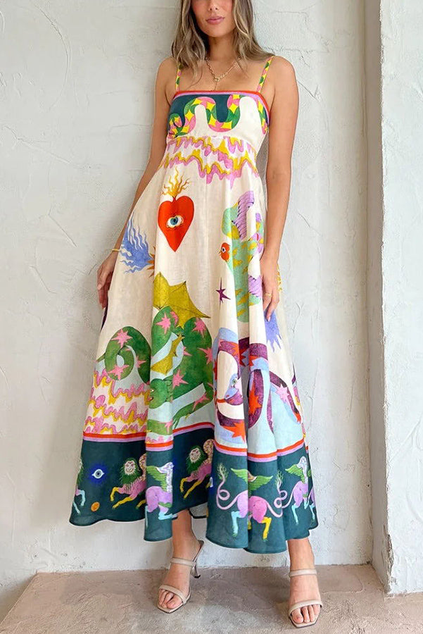 LM | Feel Effortlessly Linen Blend Unique Print Smocked Back Midi Dress
