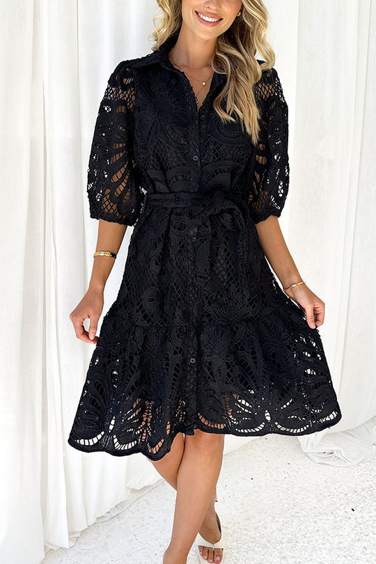 LM | Solid color lace neckline balloon sleeves and waist tie mini dress