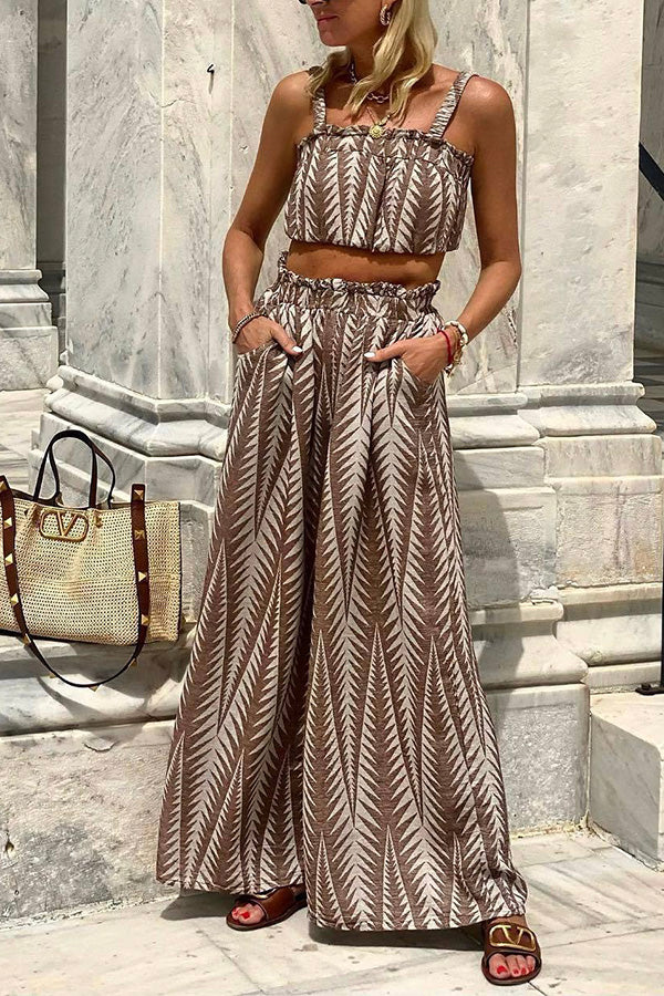 LM | Tropical Island Green Plant Print Brown Camisole Top Wide Pants Suit