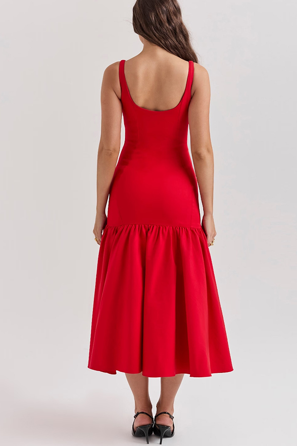 LM | Graceful Silhouette Square Neckline Wide Strap Drop Waist Midi Dress