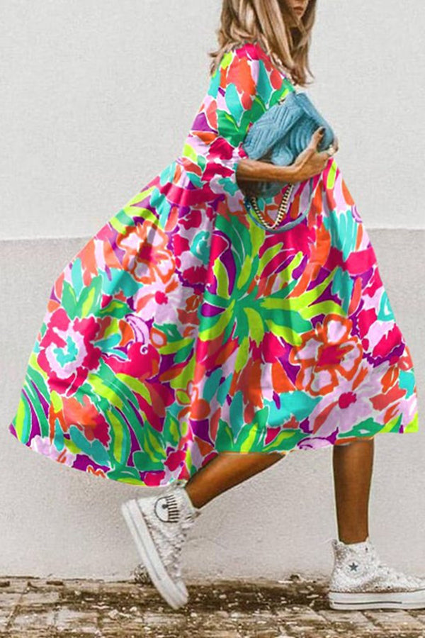 LM | Vintage floral print high low hem A-line midi dress