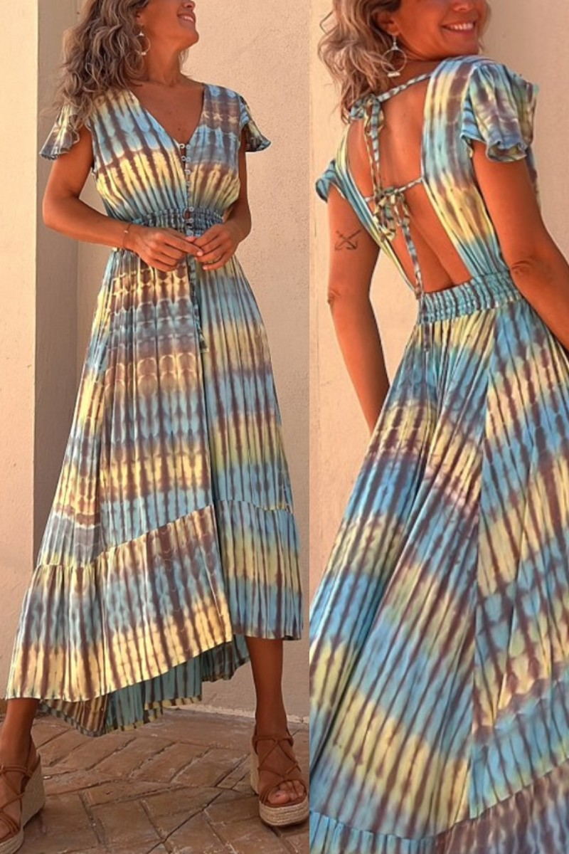 LM | Lorina Tie-dye Print Button Smocked Waist Backless Midi Dress