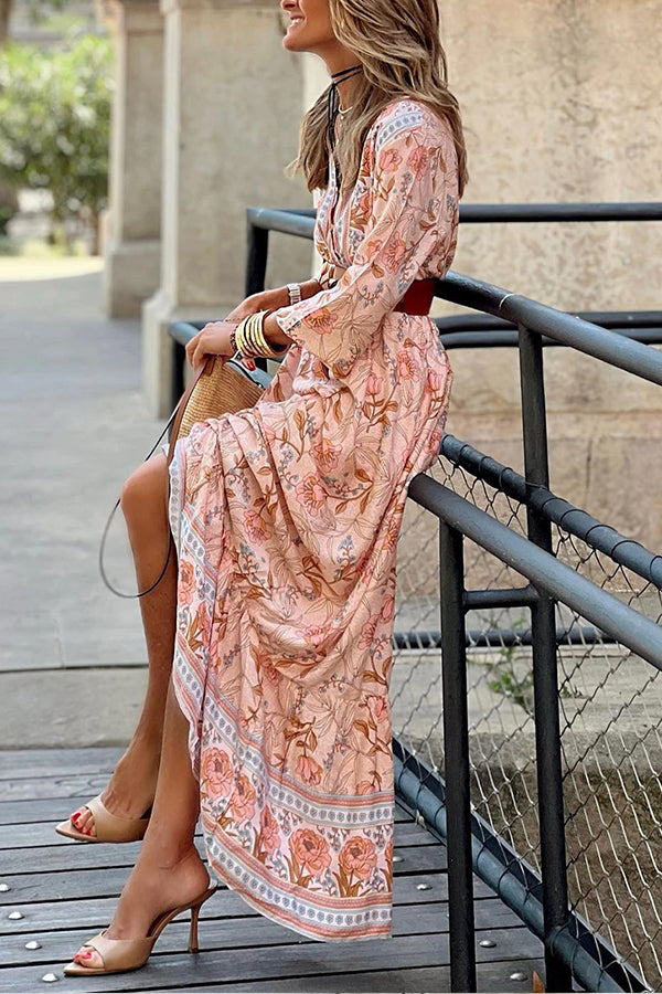 LM | Pink Sexy Bohemian Floral V-Neck Ruffle Maxi Dress