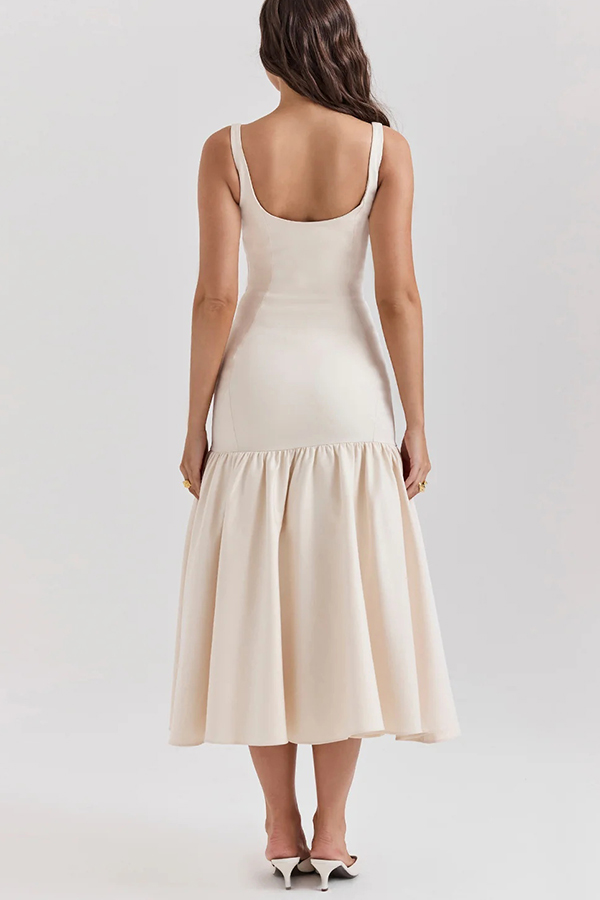 LM | Graceful Silhouette Square Neckline Wide Strap Drop Waist Midi Dress