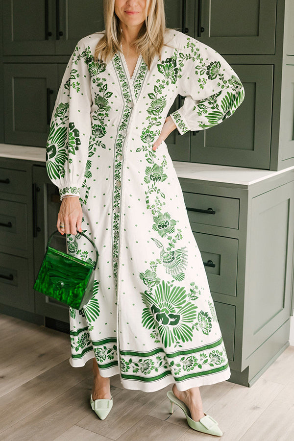 LM | Unique print button down long sleeve shirt maxi dress