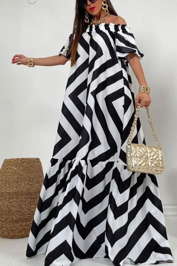 LM | Linen Blend Off Shoulder Ruffle Puff Sleeve Pocketed Midi Dress