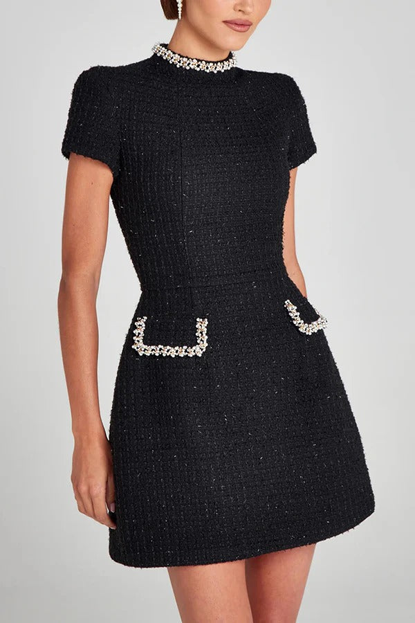 LM | Exquisite and playful tweed fabric beaded short sleeve pocketed mini dress