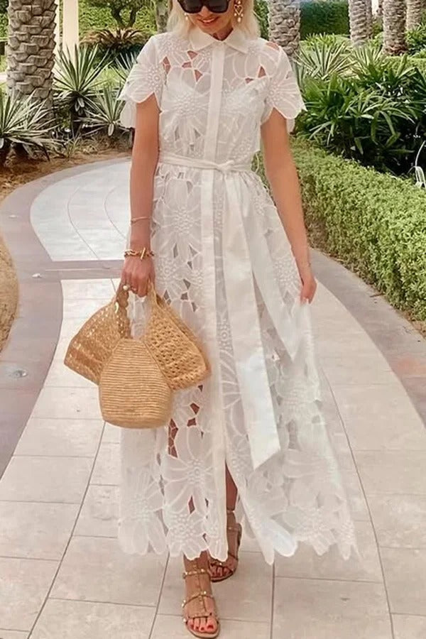LM | Dubai Style Floral Crochet Lace Short Sleeve Tie-up Shirt Maxi Dress