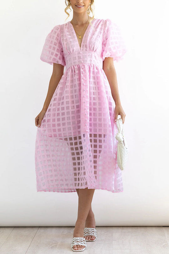LM | Remarkable Beauty Square Patterned Fabric Puff Sleeve Party Midi Dress