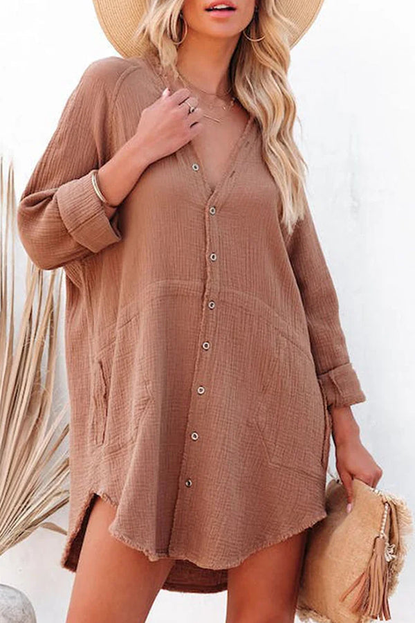 LM | Loose Mid-length Jacket Casual Solid Color Shirt Mini Dress