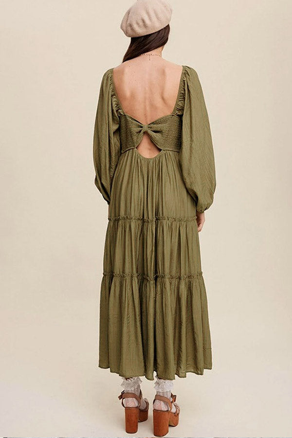 LM | Green V-neck bowknot neckline ruffle striped maxi dress