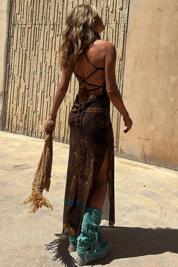 LM | Gypsy Style Unique Print Cowl Neck Back Lace Up Slit Midi Dress