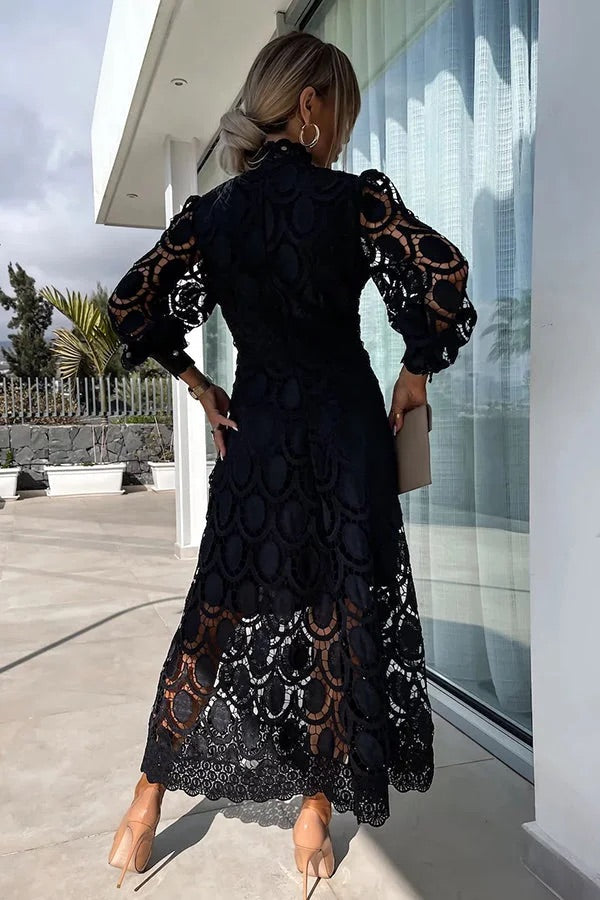 LM | Romantic, Sensual and Elegant Crochet Lace Lantern Sleeve Party Midi Dress