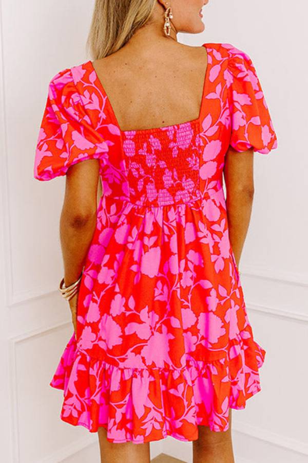 LM | Red Floral Bubble Sleeve Sweetheart Neck Ruffled Mini Dress
