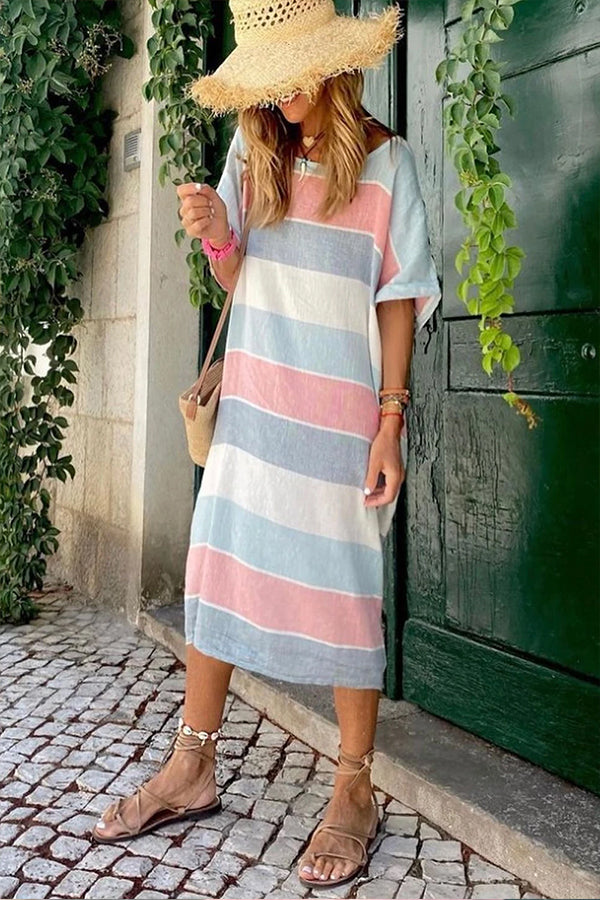 LM | Multicolor Striped Color Block Loose Fit Half Sleeve Maxi Dress