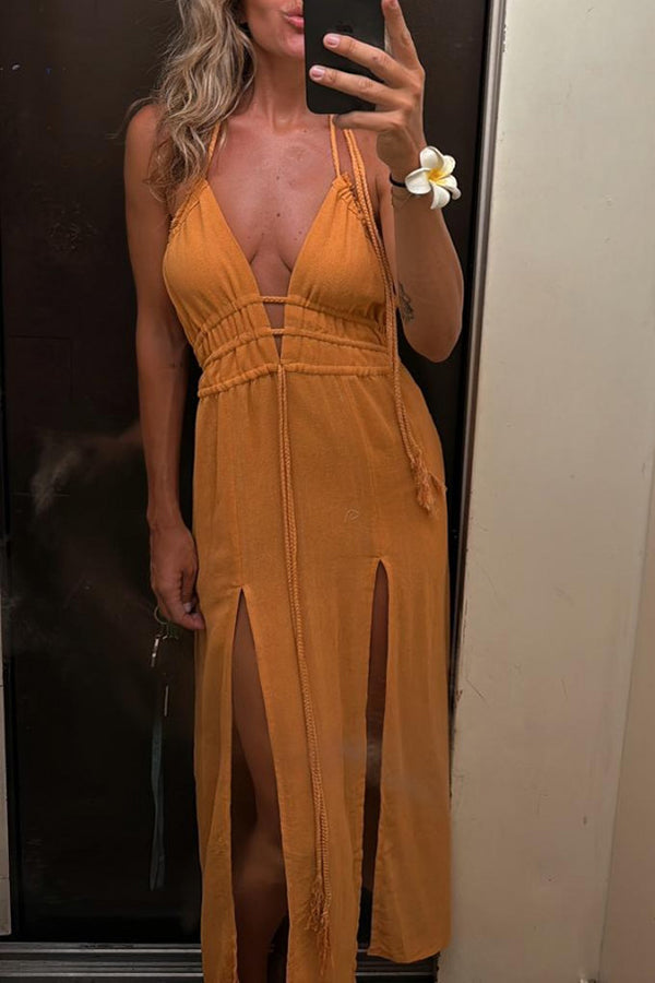 LM | Linen Blend Elastic Waist Halter Backless Pocket Slit Midi Dress