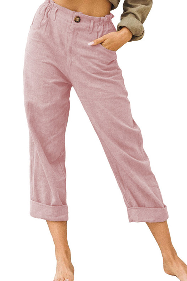 LM | Solid color cotton and linen fashionable loose high waist casual pants