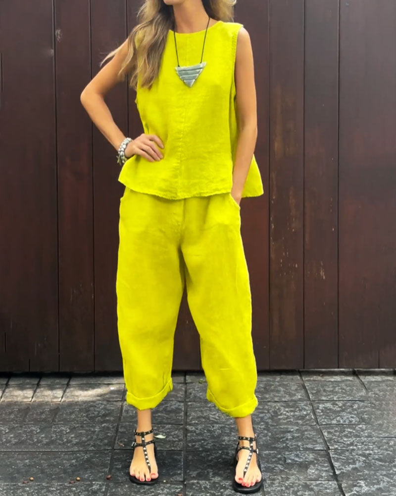 LM | Casual Solid Color Sleeveless Vest & Pants Cotton Linen Two Piece Set