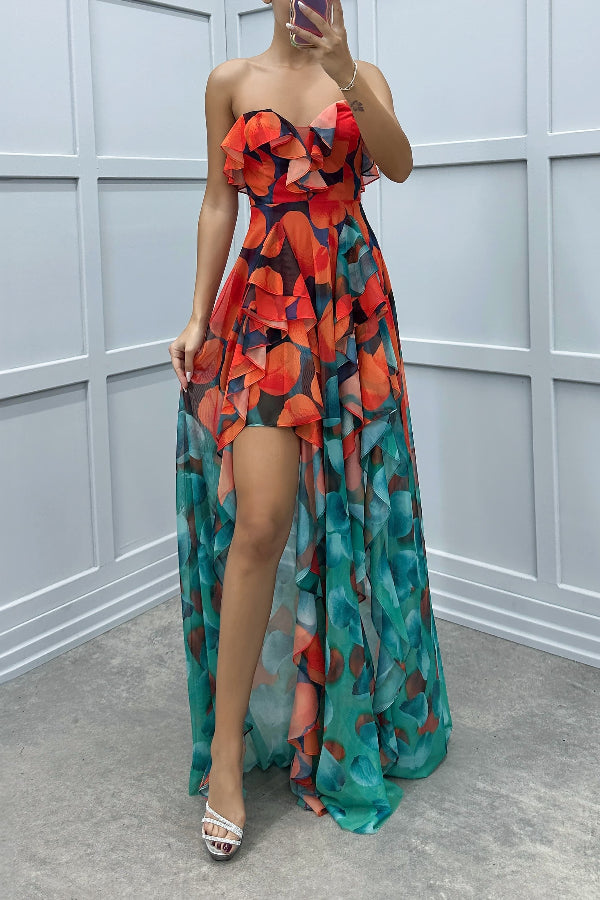 LM | Loving Moment Gradient Unique Print Flowing Layered Ruched Strapless Slit Maxi Dress