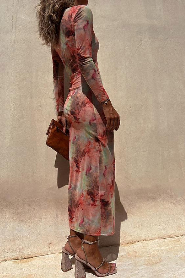 LM | Charm Lady Mesh Overlay Tie Dye Print Long Sleeve Ruffled Stretch Midi Dress