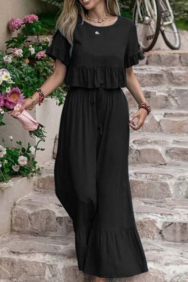 LM | Casual loose monochrome short-sleeved wide leg pants two-piece set