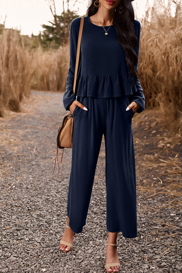 LM | Temperament leisure suit monochrome long-sleeved top loose pants