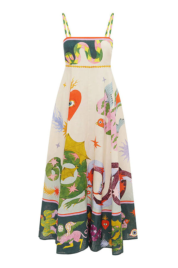 LM | Feel Effortlessly Linen Blend Unique Print Smocked Back Midi Dress