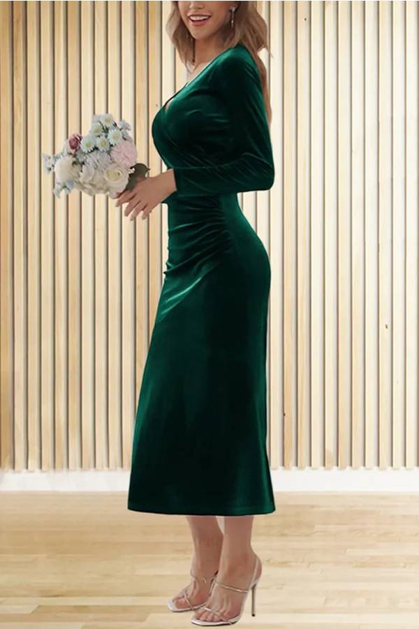 LM | Solid Velvet Long Sleeve V-Neck Slim Fit Fishtail Maxi Dress