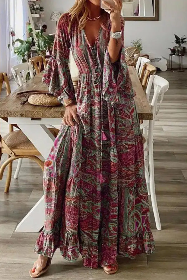 LM | V-Neck Loose Peris Print Vacation Long Sleeve Maxi Dress