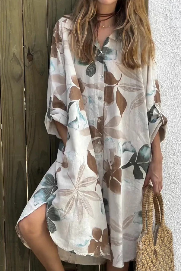 LM | Botanical Print Long-sleeved, single-breasted, loose midi dress with pockets