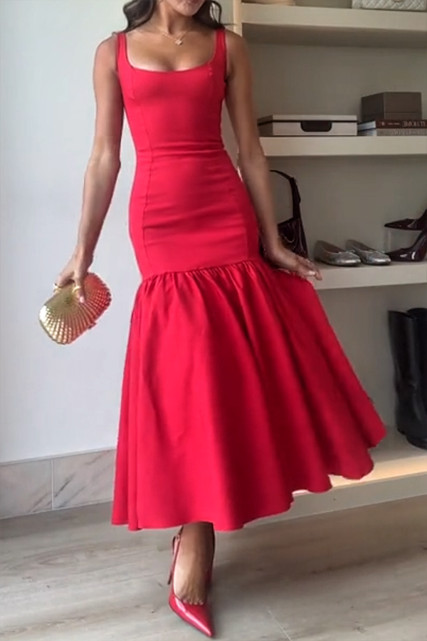 LM | Graceful Silhouette Square Neckline Wide Strap Drop Waist Midi Dress