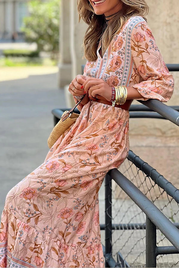 LM | Pink Sexy Bohemian Floral V-Neck Ruffle Maxi Dress
