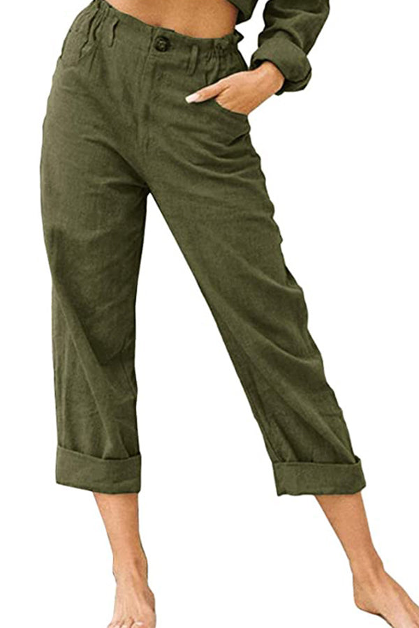 LM | Solid color cotton and linen fashionable loose high waist casual pants