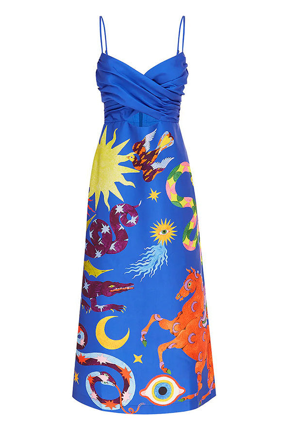 LM | Main Stage Unique Printed Ruffled Cross Over Detail Strap Midi Dress