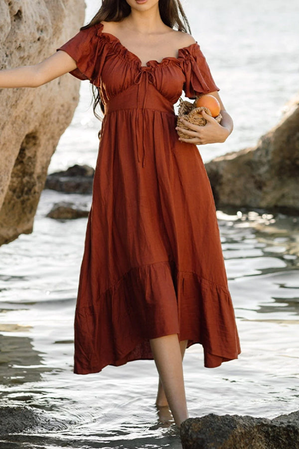 LM | RUCHED HEM OFF-THE-SHOULDER MIDI DRESS
