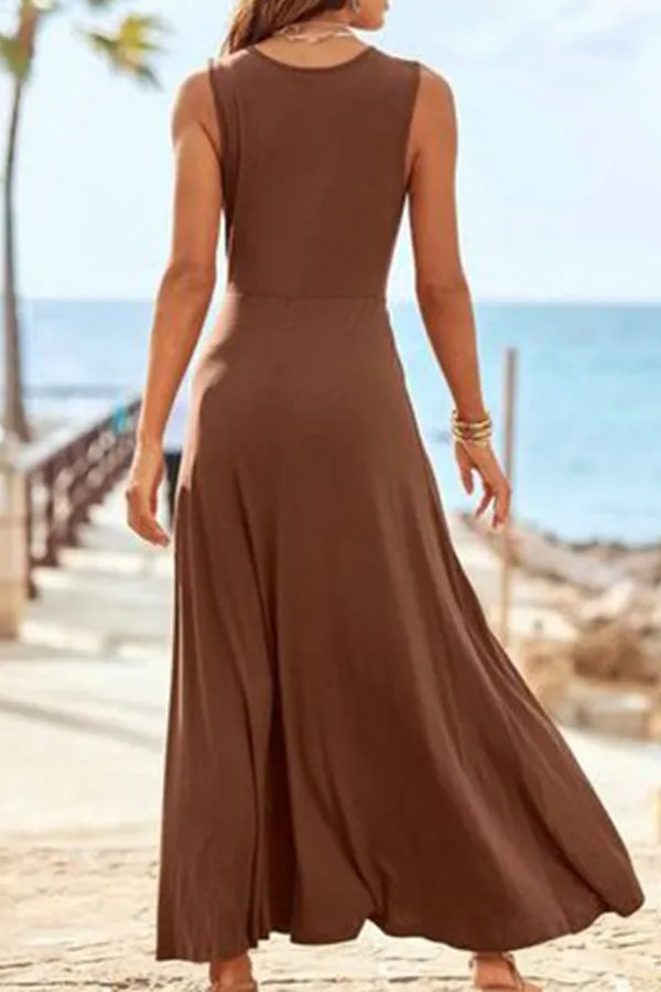 LM | V-neck sleeveless brown maxi dress