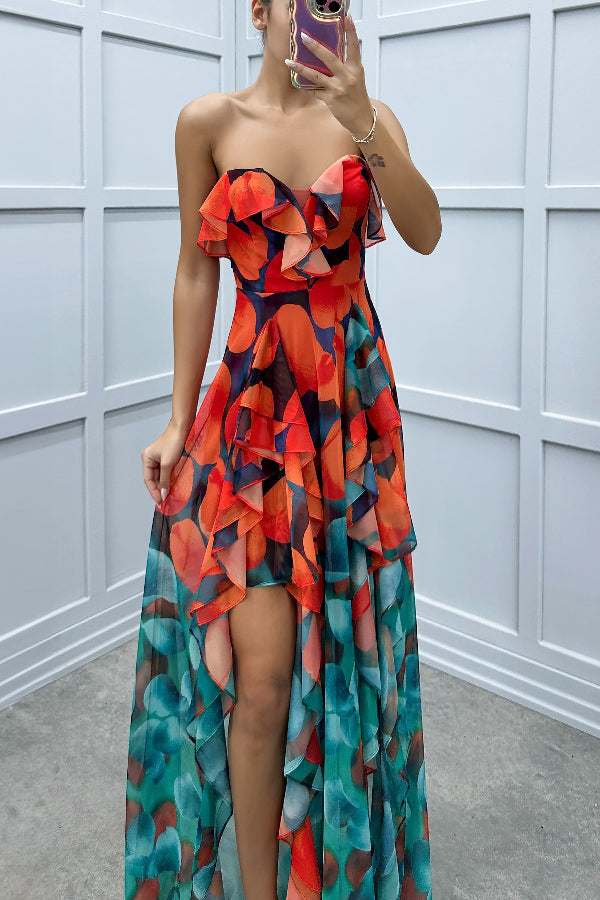 LM | Loving Moment Gradient Unique Print Flowing Layered Ruched Strapless Slit Maxi Dress