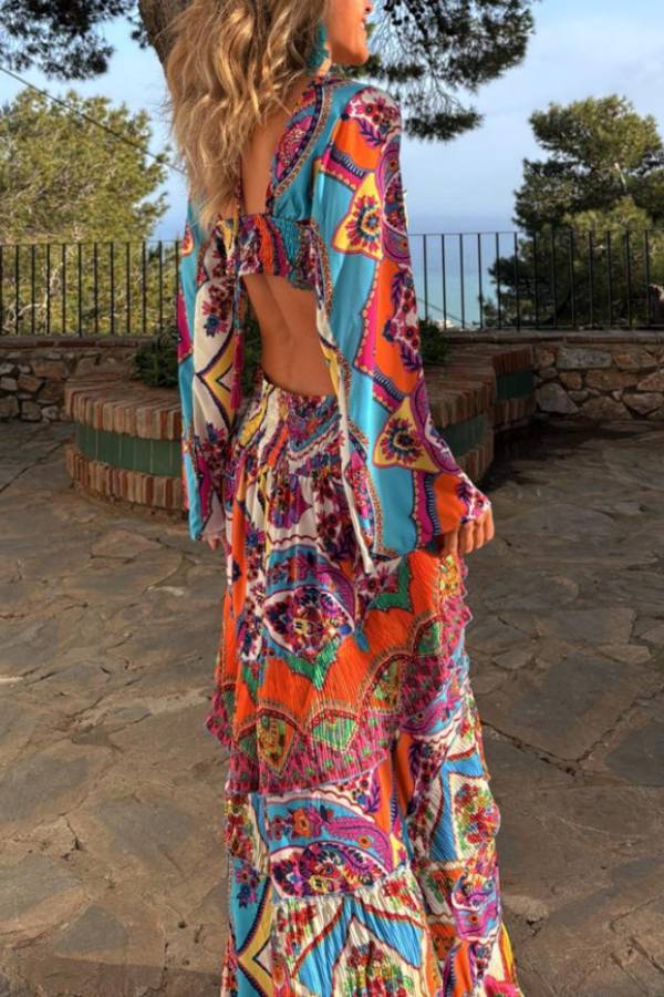 LM | Colorful Day Unique Print Bell Sleeve Neckline Waist Layered Maxi Dress