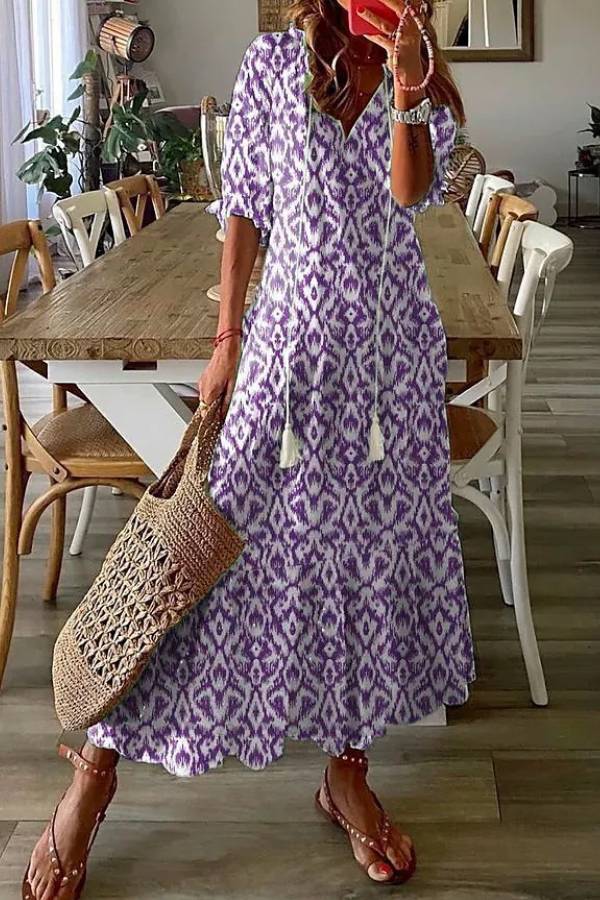 LM | Geometric print Casual V-neck maxi dress